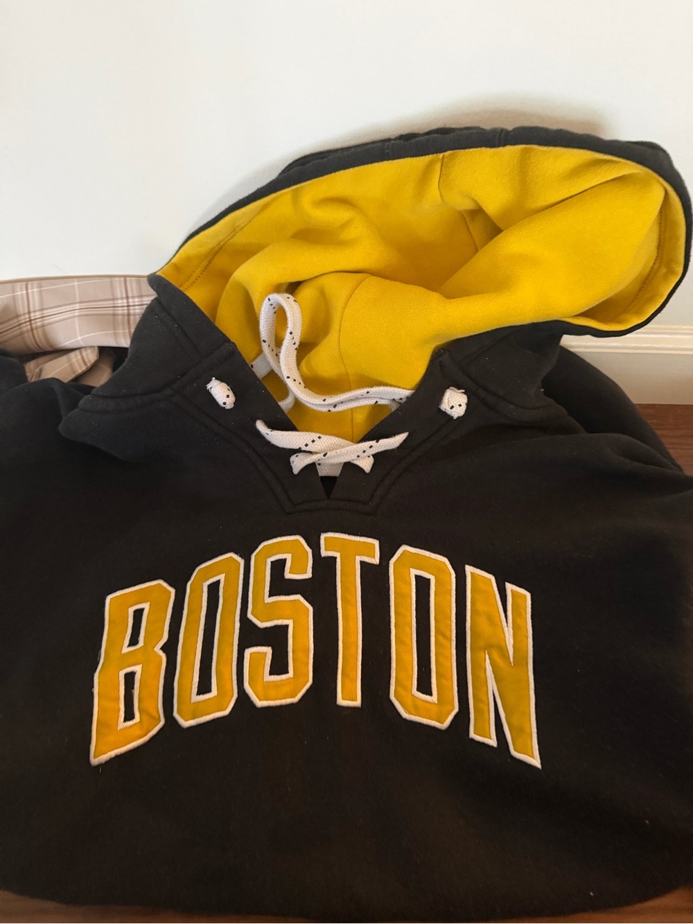 Neighborhood Black Hoodie with Yellow Hood Lining and White Print